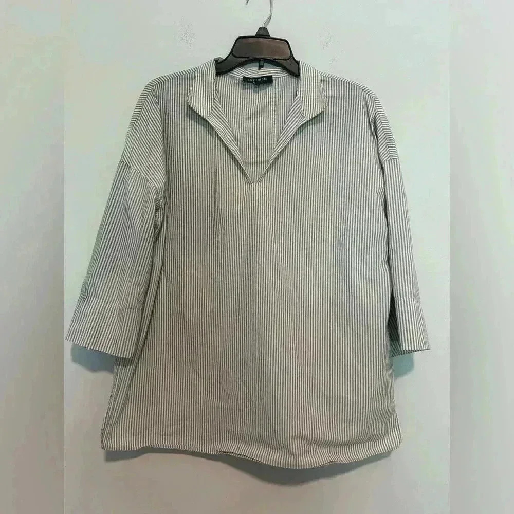 Lafayette 148 Hawkins Stripe Poplin Popover Blouse size Large Gray/White